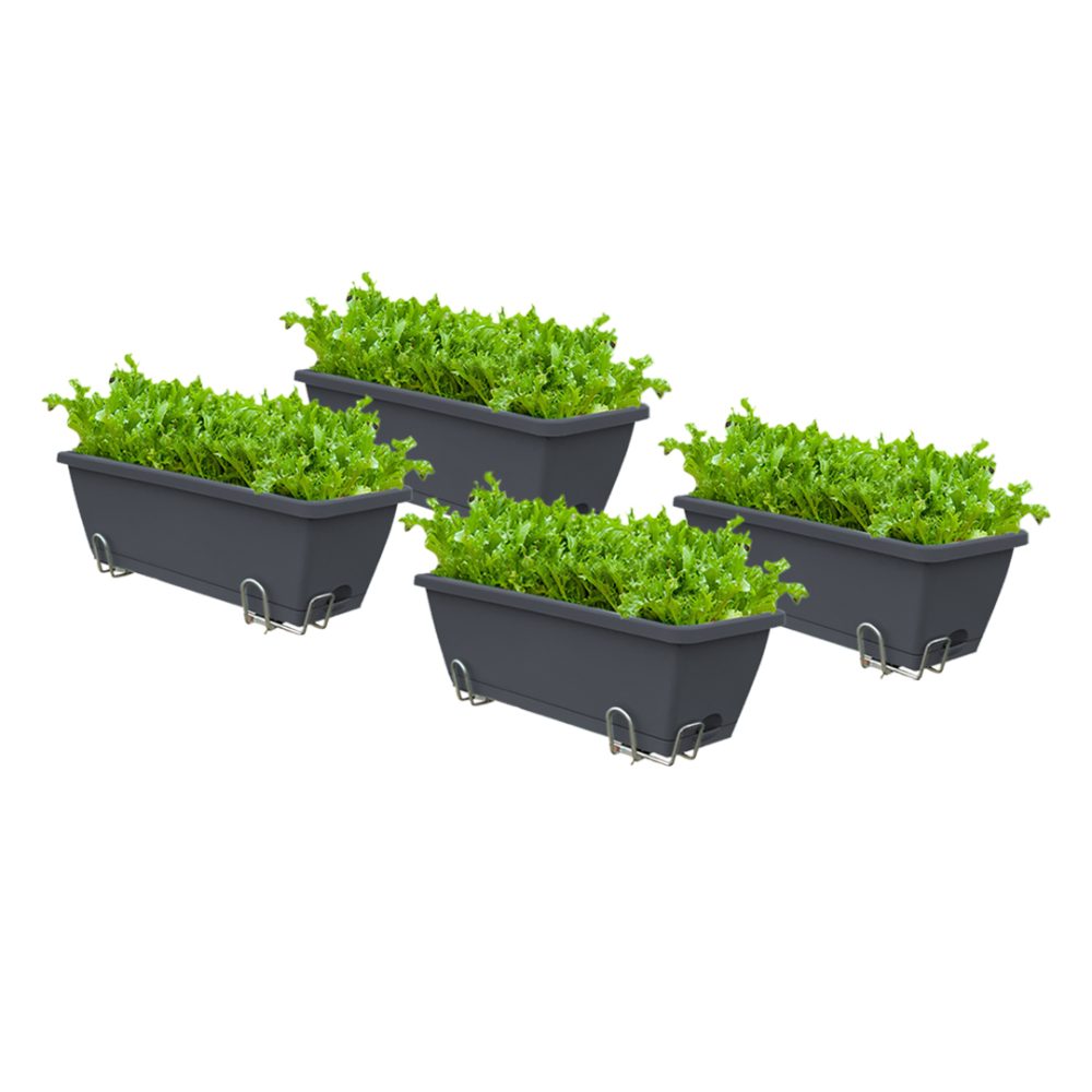 1-SOGA 49.5cm Black Rectangular Planter Vegetable Herb Flower Outdoor Plastic Box with Holder Balcony Garden Decor Set of 4