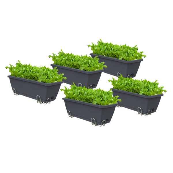 1-SOGA 49.5cm Black Rectangular Planter Vegetable Herb Flower Outdoor Plastic Box with Holder Balcony Garden Decor Set of 5