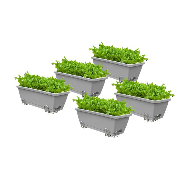 1-SOGA 49.5cm Gray Rectangular Planter Vegetable Herb Flower Outdoor Plastic Box with Holder Balcony Garden Decor Set of 5