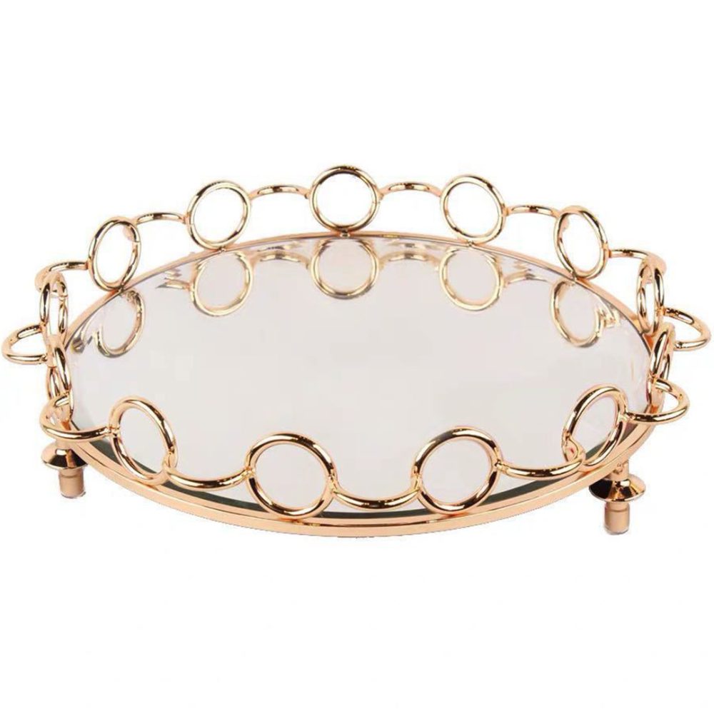 1-SOGA 33cm Bronze-Colored Round Mirror Glass Metal Tray Vanity Makeup Perfume Jewelry Organiser with Handles