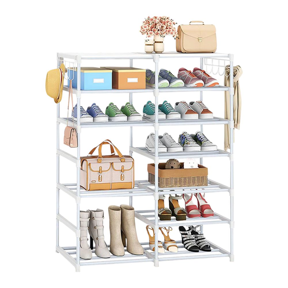 1-SOGA 12-Shelf Tier Shoe Storage Shelf Space-Saving Caddy Rack Organiser with Side Hooks White