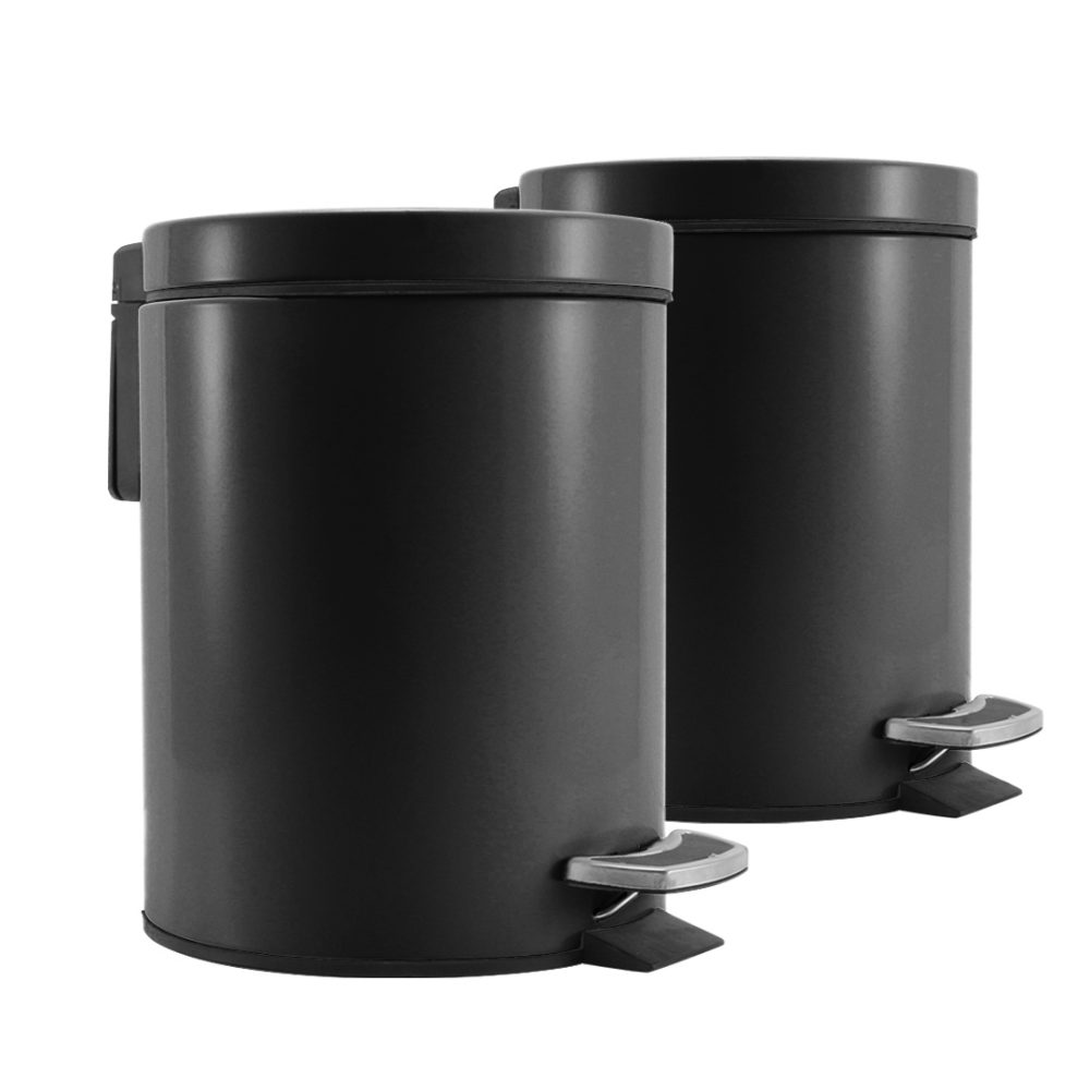 1-SOGA 2X Foot Pedal Stainless Steel Rubbish Recycling Garbage Waste Trash Bin Round 12L Black