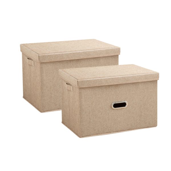 1-SOGA 2X Beige Medium Foldable Canvas Storage Box Cube Clothes Basket Organiser Home Decorative Box