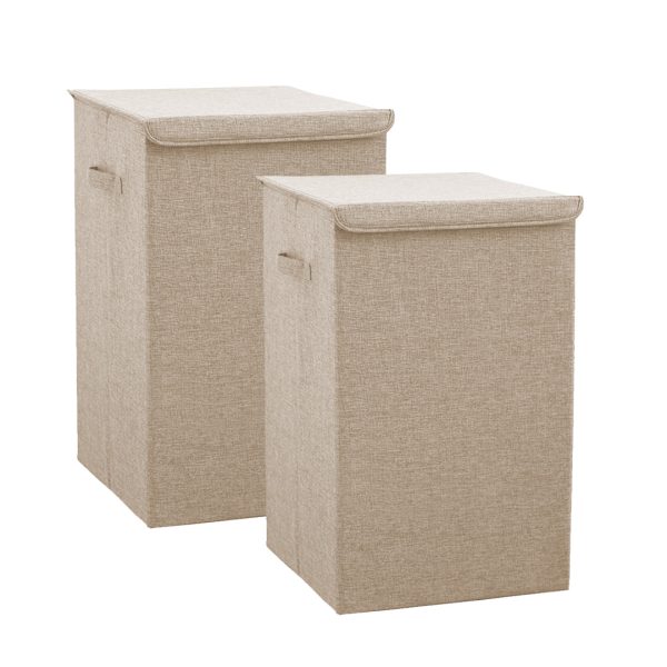 1-SOGA 2X Beige Medium Collapsible Laundry Hamper Storage Box Foldable Canvas Basket Home Organiser Decor