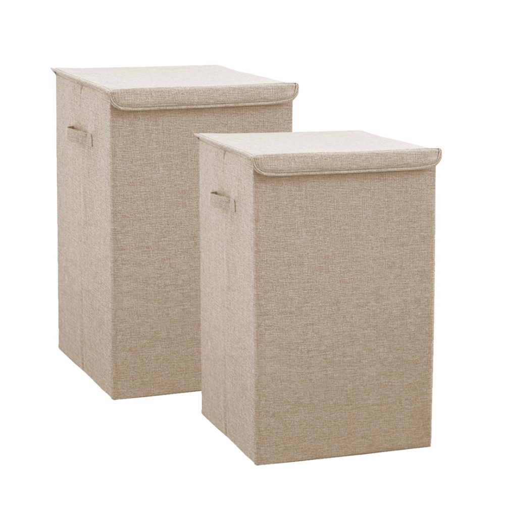 1-SOGA 2X Beige Large Collapsible Laundry Hamper Storage Box Foldable Canvas Basket Home Organiser Decor