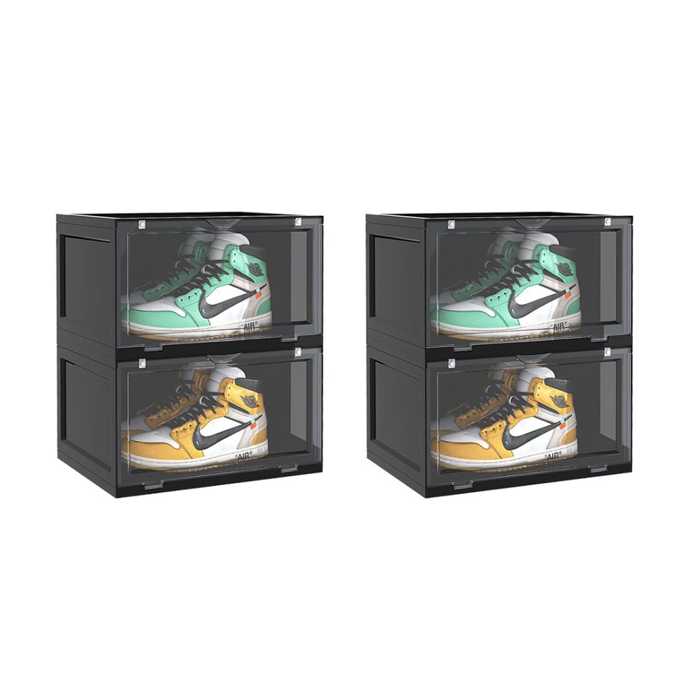 1-SOGA 2X 2 Tier Black Portable Shoe Organiser Sneaker Footwear Folding Plastic Bin Stackable Storage Box with Magnetic Door