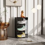 2-SOGA 2X 3 Tier Black Portable Shoe Organiser Sneaker Footwear Folding Plastic Bin Stackable Storage Box with Magnetic Door