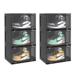 1-SOGA 2X 3 Tier Black Portable Shoe Organiser Sneaker Footwear Folding Plastic Bin Stackable Storage Box with Magnetic Door