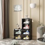 3-SOGA 2X 3 Tier Black Portable Shoe Organiser Sneaker Footwear Folding Plastic Bin Stackable Storage Box with Magnetic Door