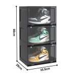 4-SOGA 2X 3 Tier Black Portable Shoe Organiser Sneaker Footwear Folding Plastic Bin Stackable Storage Box with Magnetic Door
