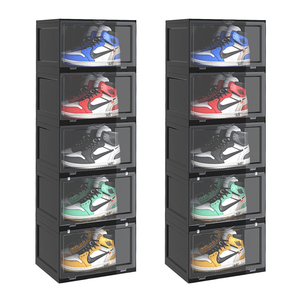 1-SOGA 2X 5 Tier Black Portable Shoe Organiser Sneaker Footwear Folding Plastic Bin Stackable Storage Box with Magnetic Door
