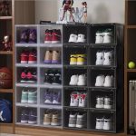 5-SOGA 2 Tier Transparent Portable Shoe Organiser Sneaker Footwear Folding Plastic Bin Stackable Storage Box with Magnetic Door