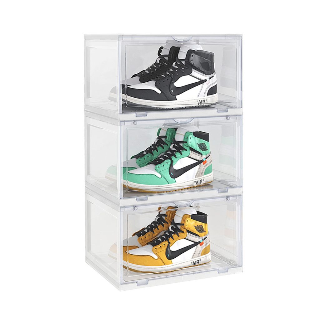 1-SOGA 3 Tier Transparent Portable Shoe Organiser Sneaker Footwear Folding Plastic Bin Stackable Storage Box with Magnetic Door