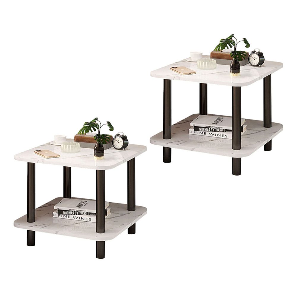 1-SOGA 2X 60cm White Ceramic Side Table Stone Pattern Modern Design with Metal Legs