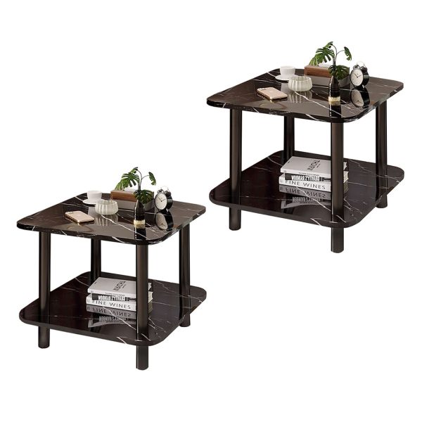 1-SOGA 2X 60cm Black Ceramic Table Stone Pattern Modern Design with Black Metal Legs