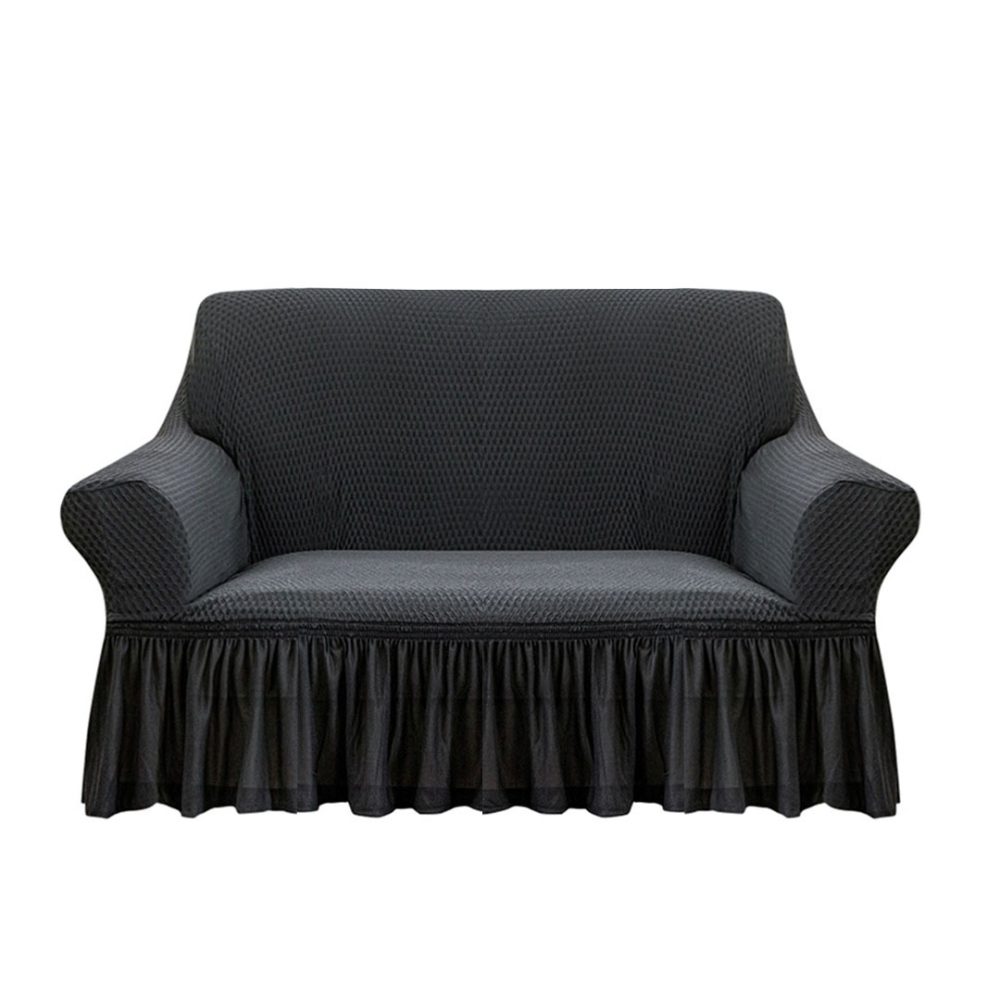 1-SOGA 2-Seater Dark Grey Sofa Cover with Ruffled Skirt Couch Protector High Stretch Lounge Slipcover Home Decor