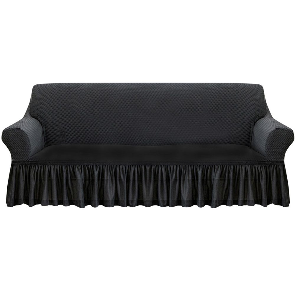 1-SOGA 4-Seater Dark Grey Sofa Cover with Ruffled Skirt Couch Protector High Stretch Lounge Slipcover Home Decor