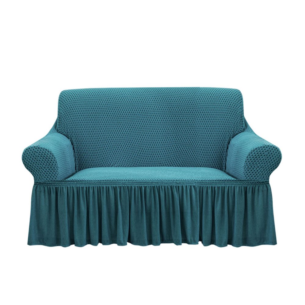 1-SOGA 2-Seater Blue Sofa Cover with Ruffled Skirt Couch Protector High Stretch Lounge Slipcover Home Decor