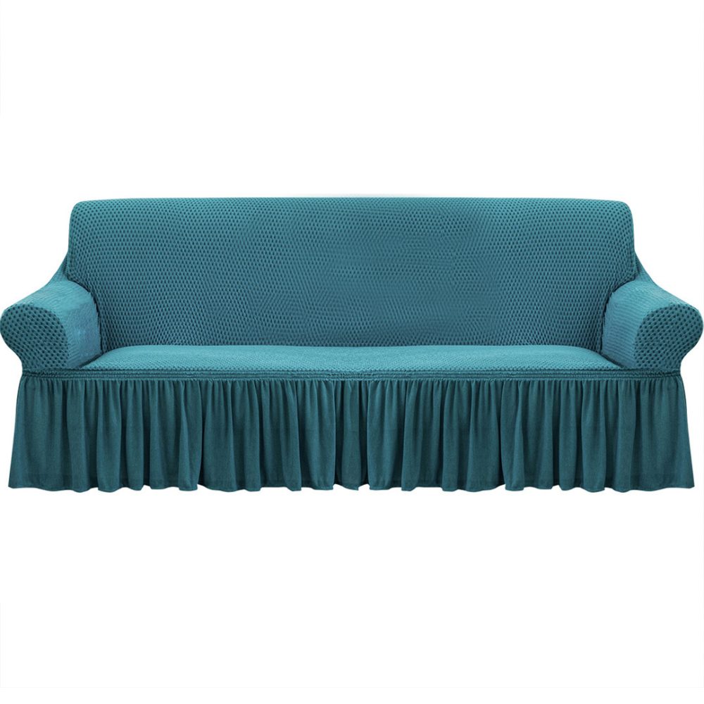 1-SOGA 4-Seater Blue Sofa Cover with Ruffled Skirt Couch Protector High Stretch Lounge Slipcover Home Decor
