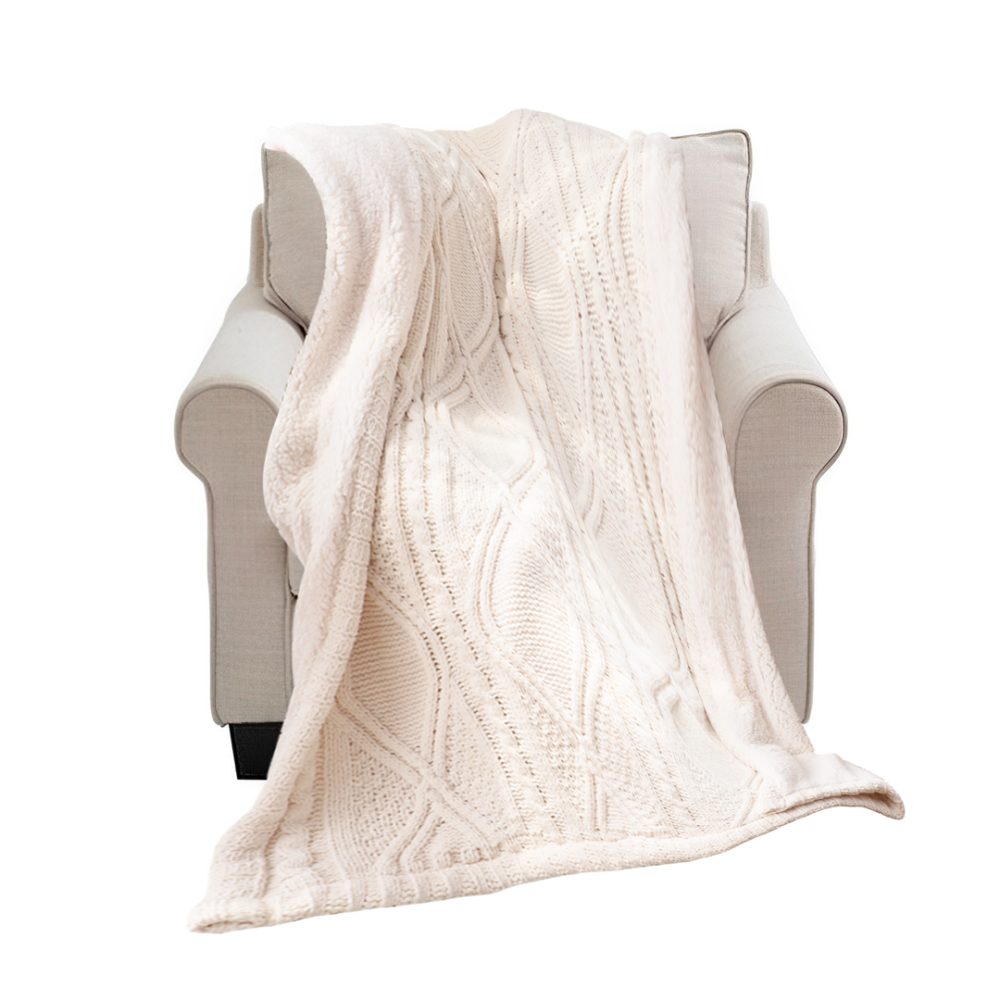 1-SOGA 200X230cm Throw Blanket White Chenille Fleece Knitted Fabric on One Side Soft Suede