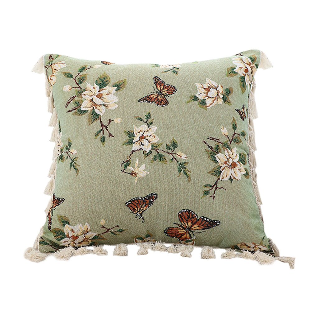 1-SOGA 45cm Matcha Green French Vintage Butterfly Loves Flowers Tassel Throw pillow
