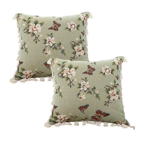 1-SOGA 2X 45cm Matcha Green French Vintage Butterfly Loves Flowers Tassel Throw pillow
