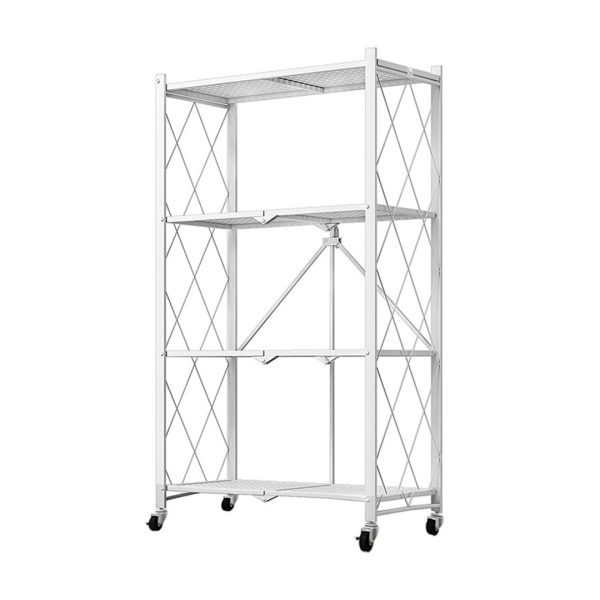 1-SOGA 4 Tier Steel White Foldable Kitchen Cart Multi-Functional Shelves Portable Storage Organizer with Wheels