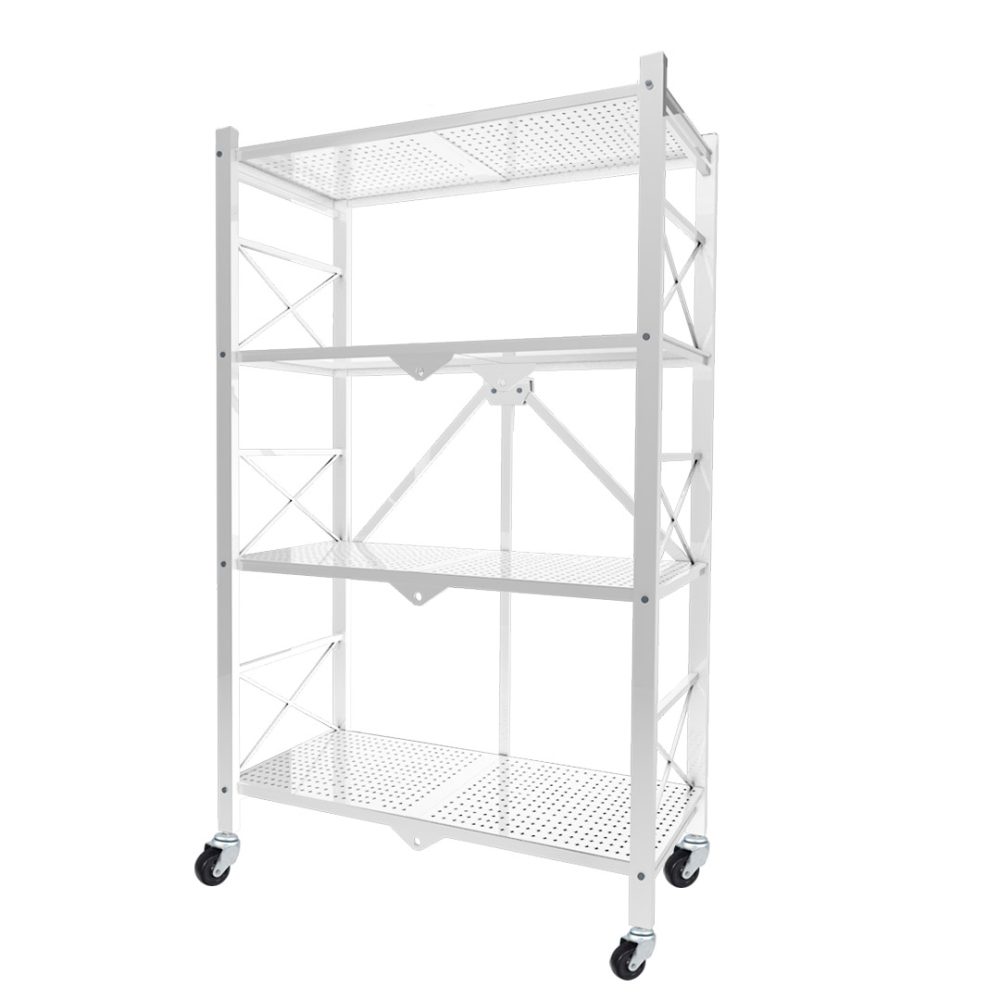 1-SOGA 4 Tier Steel White Foldable Display Stand Multi-Functional Shelves Portable Storage Organizer with Wheels