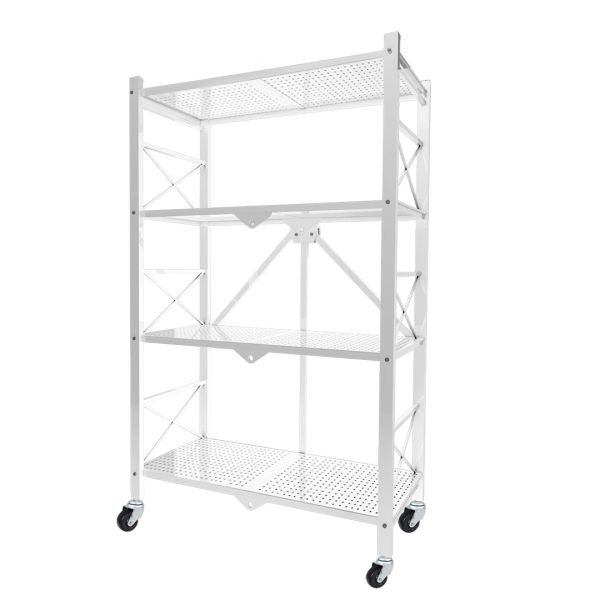 1-SOGA 4 Tier Steel White Foldable Display Stand Multi-Functional Shelves Portable Storage Organizer with Wheels