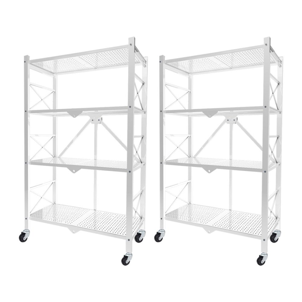 1-SOGA 2X 4 Tier Steel White Foldable Display Stand Multi-Functional Shelves Portable Storage Organizer with Wheels