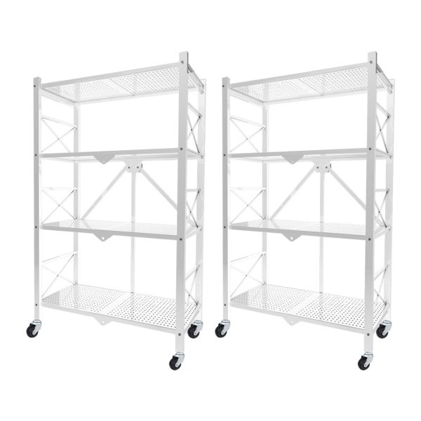 1-SOGA 2X 4 Tier Steel White Foldable Display Stand Multi-Functional Shelves Portable Storage Organizer with Wheels