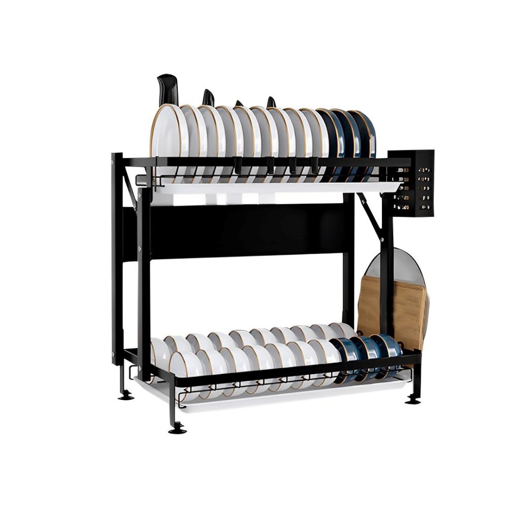 1-SOGA 2 Tier Steel Black Kitchen Countertop Drying Dish Rack Plate Cutlery Cutting Board Holder Dish Drainer Kitchen Organiser