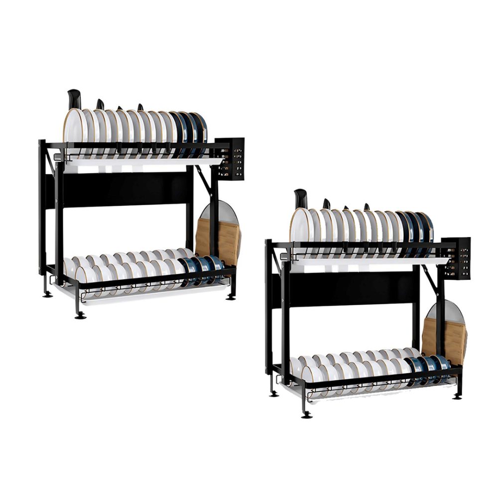 1-SOGA 2X 2 Tier Steel Black Kitchen Countertop Drying Dish Rack Plate Cutlery Cutting Board Holder Dish Drainer Kitchen Organiser