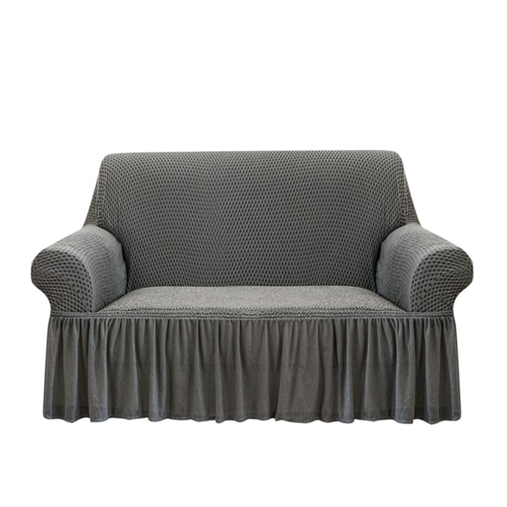 1-SOGA 2-Seater Grey Sofa Cover with Ruffled Skirt Couch Protector High Stretch Lounge Slipcover Home Decor