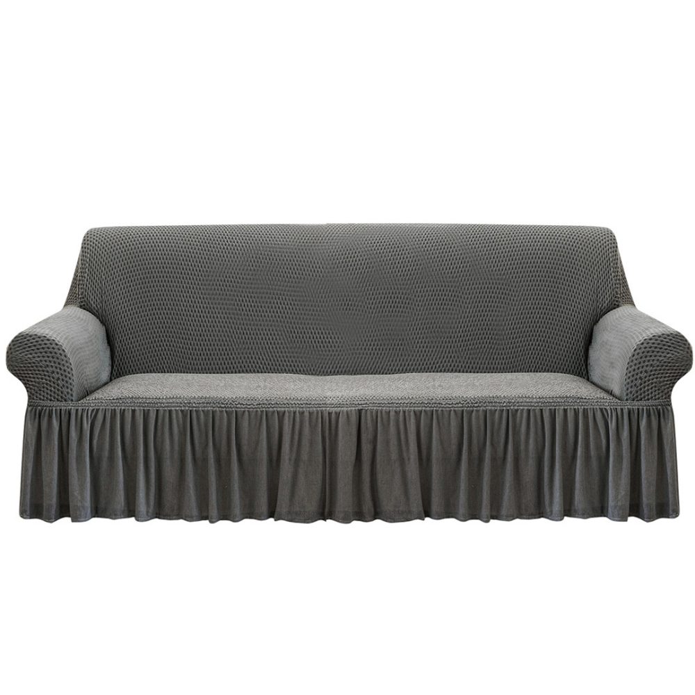 1-SOGA 3-Seater Grey Sofa Cover with Ruffled Skirt Couch Protector High Stretch Lounge Slipcover Home Decor