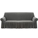 1-SOGA 3-Seater Grey Sofa Cover with Ruffled Skirt Couch Protector High Stretch Lounge Slipcover Home Decor