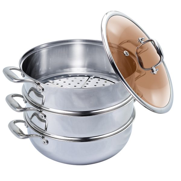 1-SOGA 3 Tier 26cm Heavy Duty Stainless Steel Food Steamer Vegetable Pot Stackable Pan Insert with Glass Lid