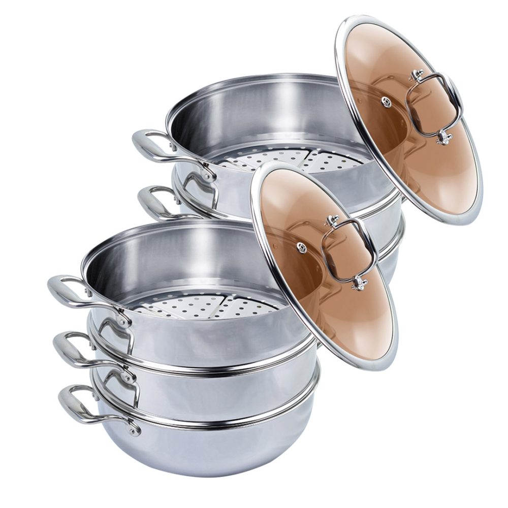1-SOGA 2X 3 Tier 28cm Heavy Duty Stainless Steel Food Steamer Vegetable Pot Stackable Pan Insert with Glass Lid
