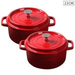 1-SOGA 2X Cast Iron 22cm Enamel Porcelain Stewpot Casserole Stew Cooking Pot With Lid Red