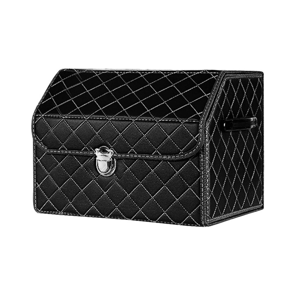 1-SOGA Leather Car Boot Collapsible Foldable Trunk Cargo Organizer Portable Storage Box Black/White Stitch with Lock Small