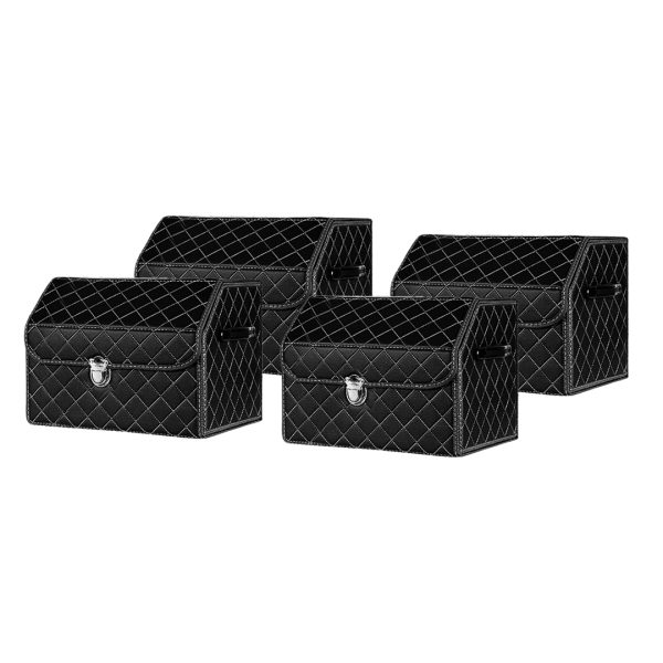 1-SOGA 4X Leather Car Boot Collapsible Foldable Trunk Cargo Organizer Portable Storage Box Black/White Stitch with Lock Small