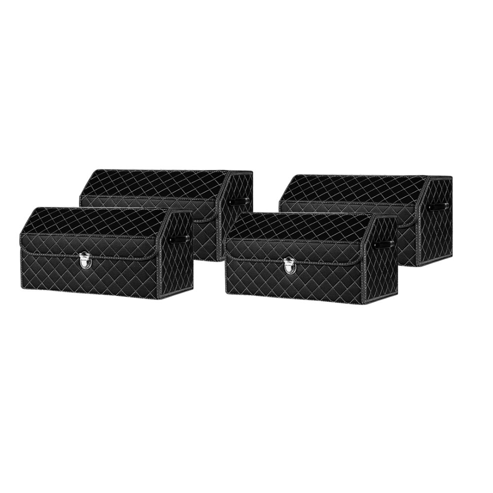 1-SOGA 4X Leather Car Boot Collapsible Foldable Trunk Cargo Organizer Portable Storage Box Black/White Stitch with Lock Medium