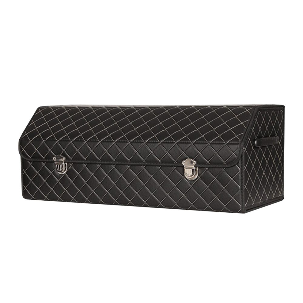 1-SOGA Leather Car Boot Collapsible Foldable Trunk Cargo Organizer Portable Storage Box Black/White Stitch with Lock Large