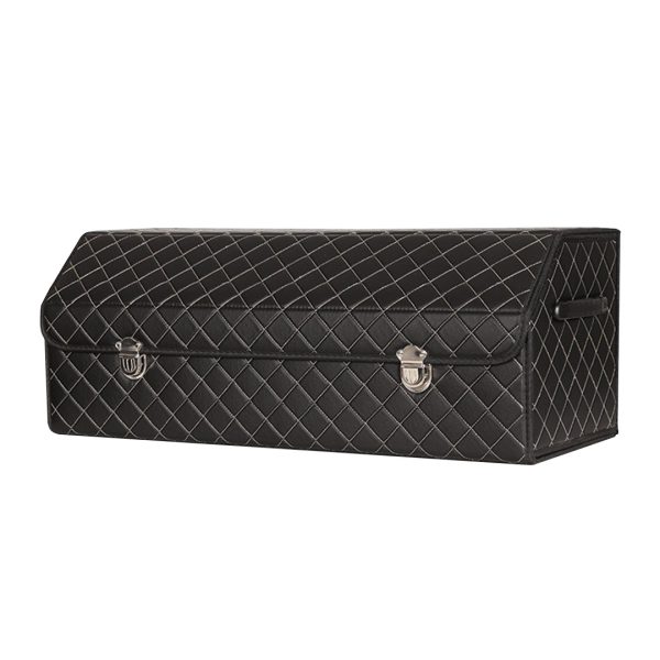 1-SOGA Leather Car Boot Collapsible Foldable Trunk Cargo Organizer Portable Storage Box Black/White Stitch with Lock Large