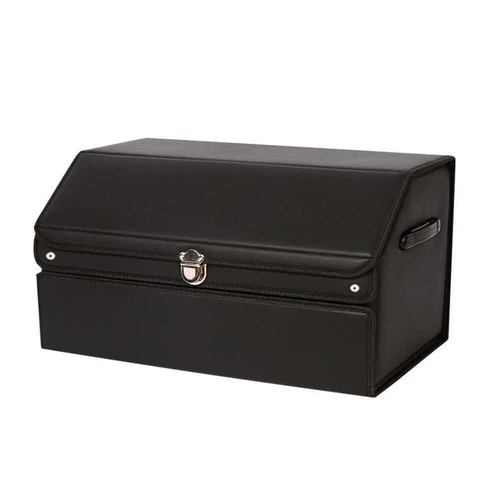 1-SOGA 60cm Leather Car Boot Collapsible Foldable Trunk Cargo Organizer Portable Storage Box with Lock Black