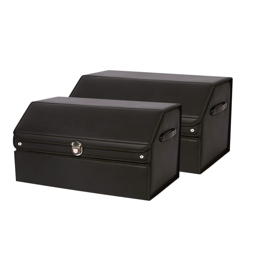 1-SOGA 2X 60cm Leather Car Boot Collapsible Foldable Trunk Cargo Organizer Portable Storage Box with Lock Black