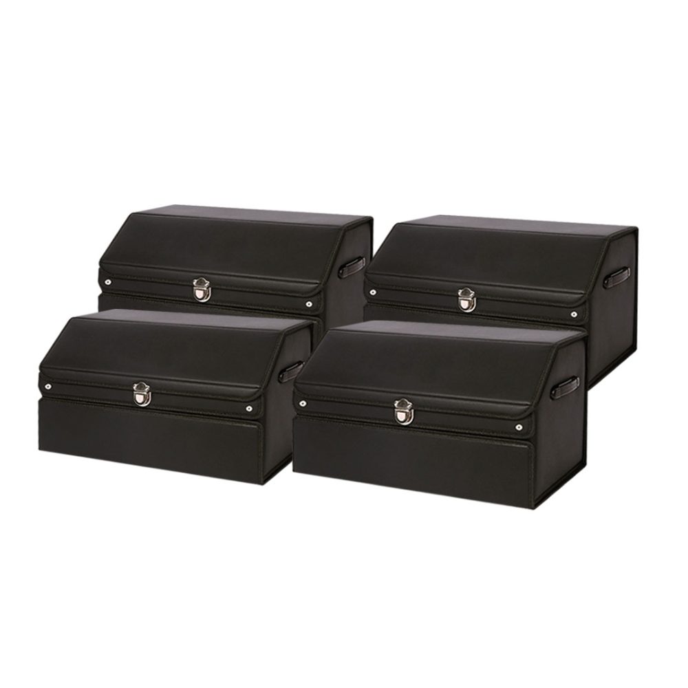 1-SOGA 4X 60cm Leather Car Boot Collapsible Foldable Trunk Cargo Organizer Portable Storage Box with Lock Black