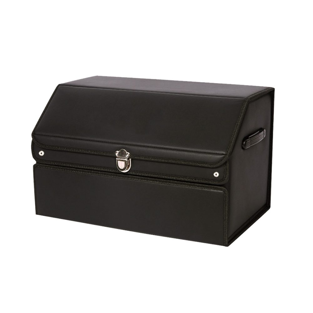 1-SOGA 56cm Leather Car Boot Collapsible Foldable Trunk Cargo Organizer Portable Storage Box with Lock Black