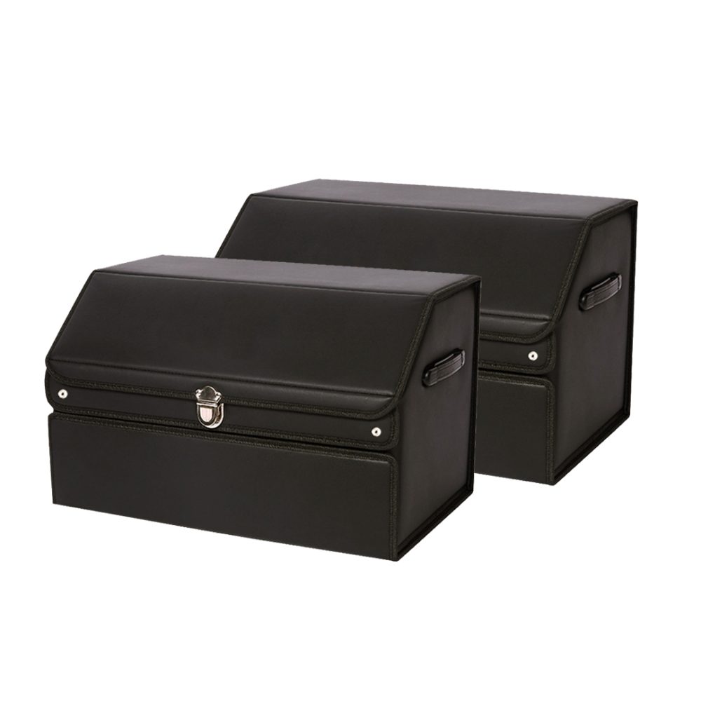 1-SOGA 2X 56cm Leather Car Boot Collapsible Foldable Trunk Cargo Organizer Portable Storage Box with Lock Black