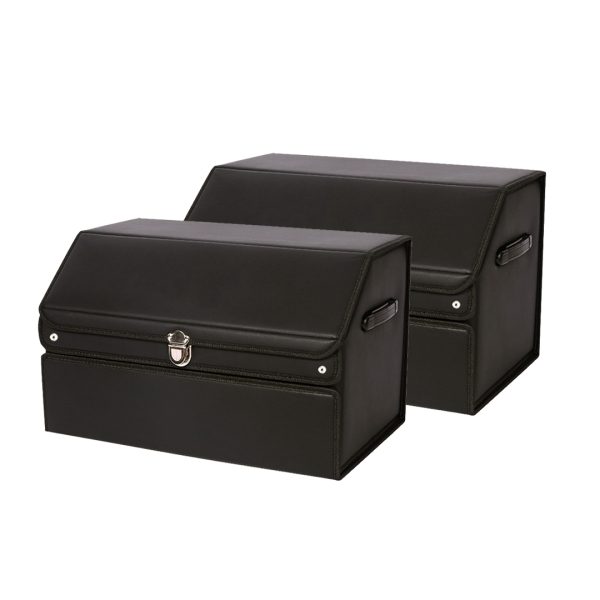 1-SOGA 2X 56cm Leather Car Boot Collapsible Foldable Trunk Cargo Organizer Portable Storage Box with Lock Black